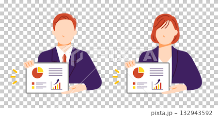 タブレットの画面のグラフ資料を見せて説明をするビジネスパーソンのイラスト。フラットデザイン。 132943592