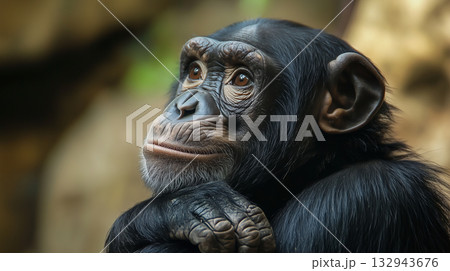Portrait of free wild chimpanzee. Wild Chimpanzee portrait 132943676