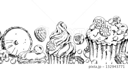 Blueberry and raspberry mousse macarons, whipped cream cupcake, mixed berries and dragee topped muffin hand drawn in vector ink. Long repeat visuals, seamless dessert strip, banners, menu headers. Blueberry and raspberry mousse macarons, whipped cream cupcake, mixed berries and dragee topped muffin hand drawn in vector ink. Long repeat visuals, seamless dessert strip, banners, menu headers. 132943771