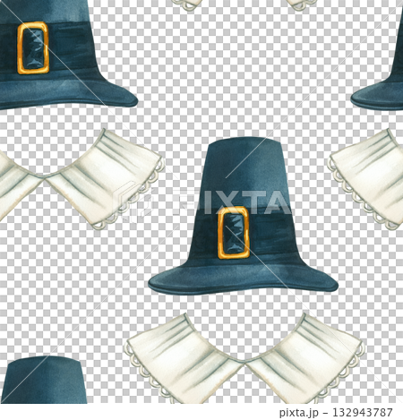 Seamless Thanksgiving watercolor pattern from pilgrim hat and collar. All objects are hand-painted in watercolor. Illustration suitable for wrapping paper, postcard, holiday packaging design. Seamless Thanksgiving watercolor pattern from pilgrim hat and collar. All objects are hand-painted in watercolor. Illustration suitable for wrapping paper, postcard, holiday packaging design. 132943787
