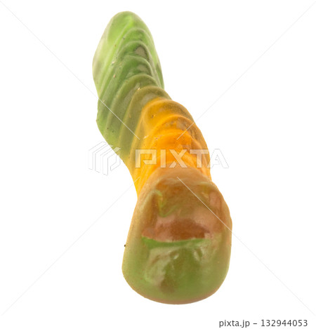 Pile of Colorful Gummy Worms Candies Isolated on White Background 132944053