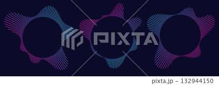 Sound equalizer icons with lines, gradient neon circular sound wave frames, abstract radial music icons. 132944150