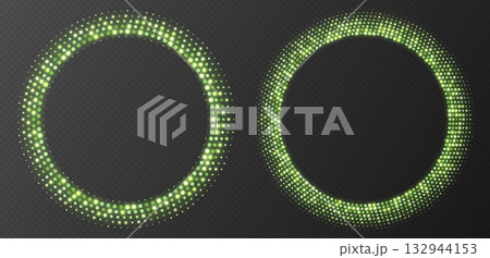 Green halftone frames, glowing circle borders, round pattern with dots, radial disco luxury design element. Green halftone frames, glowing circle borders, round pattern with dots, radial disco luxury design element. 132944153