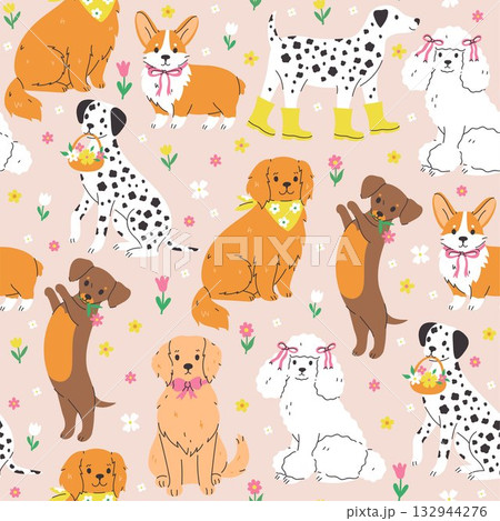 Seamless pattern with cute spring dogs and flowers. Vector graphics. 132944276