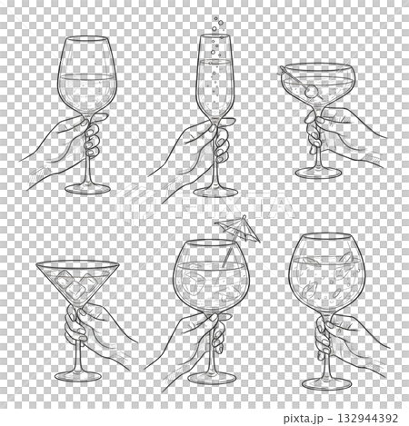 Hands with wine, champagne glass, cocktails drawings for wedding invitations, menus and parties. Doodle art template. Clipart vintage ink doodle sketch style 132944392