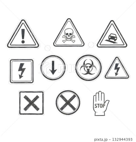 Doodle attention sign icon set. Hand drawn caution signs, warning marks and alert sketch symbols designed to exclamation sign, error or important attention icon doodle. illustration design. 132944393
