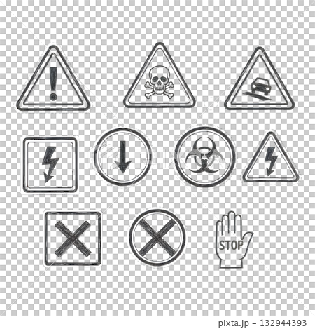 Doodle attention sign icon set. Hand drawn caution signs, warning marks and alert sketch symbols designed to exclamation sign, error or important attention icon doodle. illustration design. 132944393