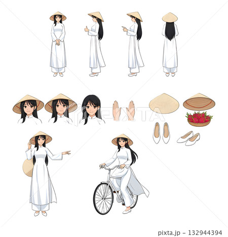 Set of women Vietnamese dress character. illustration design. 132944394