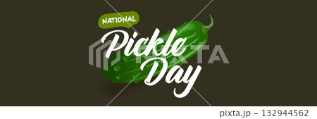 National Pickle day horizontal banner design template with text and pickled cucumbers isolated on grey geometric pattern background. Pickle day flyer. 14 november national day of pickled cucumber 132944562
