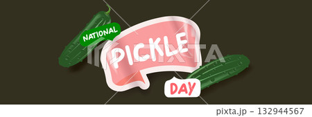 National Pickle day horizontal banner design template with text and pickled cucumbers isolated on grey geometric pattern background. Pickle day flyer. 14 november national day of pickled cucumber 132944567
