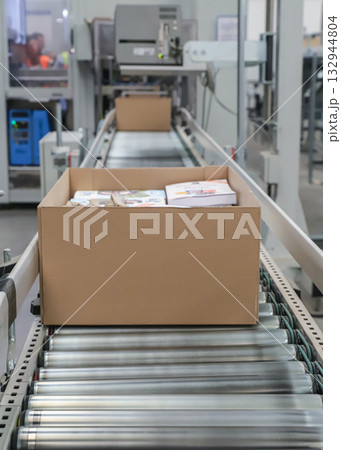 packing line in a logistics warehouse. conveyor belt in a modern production line packing line in a logistics warehouse. conveyor belt in a modern production line 132944804