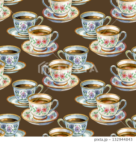 Seamless watercolor pattern with vintage tea cups and floral motifs, cozy hand-painted design, cottagecore background for kitchen decor, fabric and wrapping paper 132944843