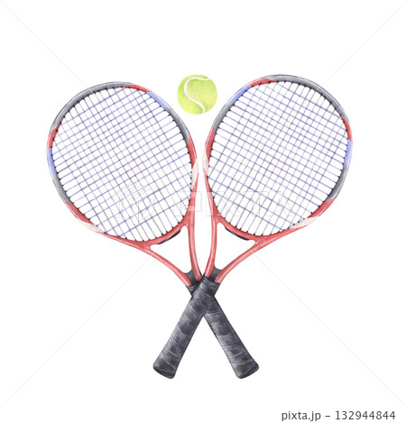 Pair of tennis rackets with ball watercolor illustration 132944844