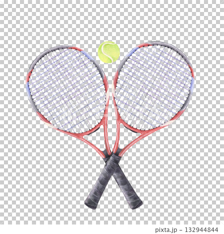 Pair of tennis rackets with ball watercolor illustration 132944844