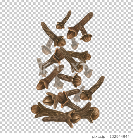 Falling dried cloves watercolor illustration on isolated background. Aromatic clove buds pile in levitation. Healthy organic spice for mulled wine, cooking. Natural product for recipe, package. Falling dried cloves watercolor illustration on isolated background. Aromatic clove buds pile in levitation. Healthy organic spice for mulled wine, cooking. Natural product for recipe, package. 132944944