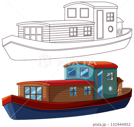 Colorful Houseboat Vector with Outline and Full Color Versions 132944952