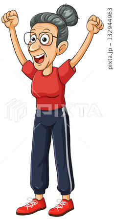Happy Elderly Woman Cheering with Raised Arms 132944963