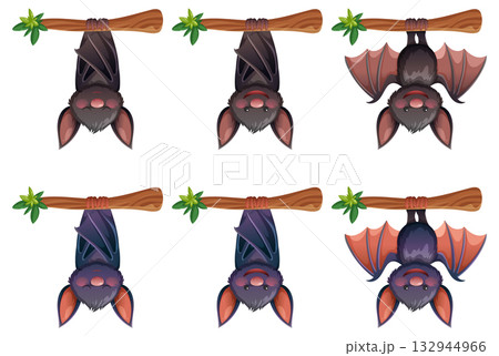 Cartoon Bats Hanging Upside Down on Tree Branches Cartoon Bats Hanging Upside Down on Tree Branches 132944966