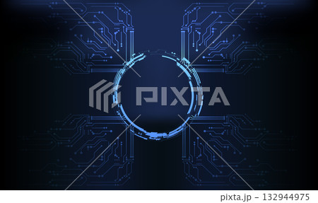 Digital circuit design with glowing blue elements on a dark background 132944975