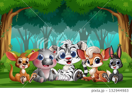 Cute Baby Jungle Animals Sitting Together in Forest 132944983