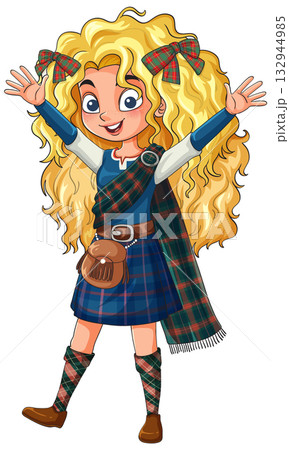 Smiling Girl in Traditional Scottish Highland Dress 132944985