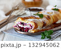 Berry Cream Roll-Up Finnish Pancake (pannukakku). 132945062