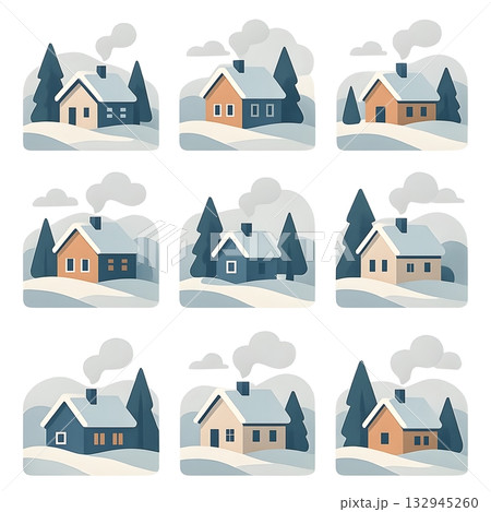 Set of nine cozy winter cabin icons in snowy landscapes, minimal flat style with pine trees 132945260