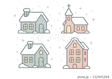 Pastel set of cozy winter houses and a small church with snow and stars. 132945269