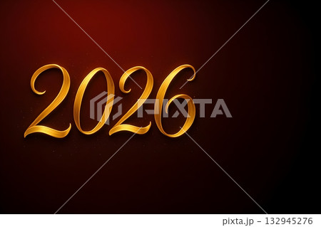 Elegant golden 2026 numerals on a dark red gradient with soft glow and subtle glitter. 132945276
