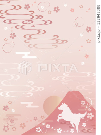 年賀状富士山2026年干支馬シルエット午年 ピンク 132945309