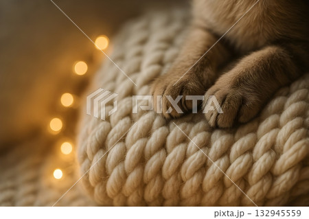 Close-up of cat paws on a chunky knitted wool blanket with warm golden bokeh lights Close-up of cat paws on a chunky knitted wool blanket with warm golden bokeh lights 132945559