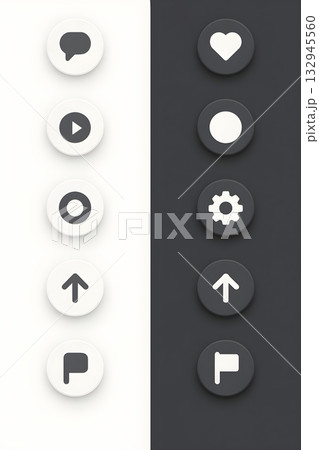 Minimal 3D circular UI icons on a split light and dark background: chat, play, record, heart, gear, arrow, flag 132945560