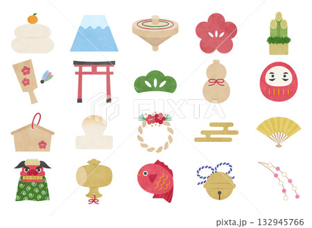 お正月 年賀状 ほっこり素材セット お正月 年賀状 ほっこり素材セット 132945766