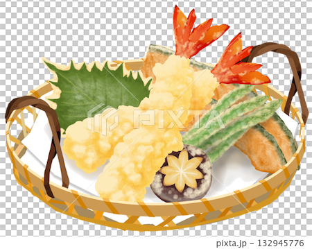 一幅逼真的天婦羅盛放在漏杓中的插圖 132945776