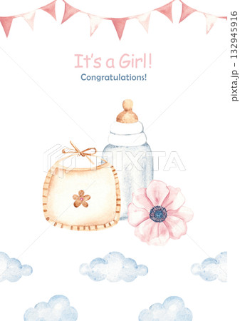 Watercolor baby shower invitation, card template for a girl with milk bottle, bib, and pink bunting border in vintage style. Ideal for newborn celebration, gender birth party, its a girl card. Watercolor baby shower invitation, card template for a girl with milk bottle, bib, and pink bunting border in vintage style. Ideal for newborn celebration, gender birth party, its a girl card. 132945916