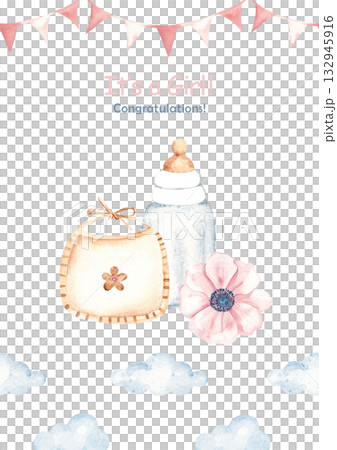 Watercolor baby shower invitation, card template for a girl with milk bottle, bib, and pink bunting border in vintage style. Ideal for newborn celebration, gender birth party, its a girl card. 132945916