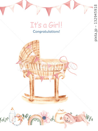 Watercolor baby shower invitation for a baby girl with wicker cradle, pink bunting and kid toys and accessories border. Ideal for newborn celebration. 132945918