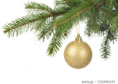 Golden christmas bauble ornament hanging from green pine branch, showcasing classic holiday decor with focus on shiny, reflective textures and festive simplicity Golden christmas bauble ornament hanging from green pine branch, showcasing classic holiday decor with focus on shiny, reflective textures and festive simplicity 132946143