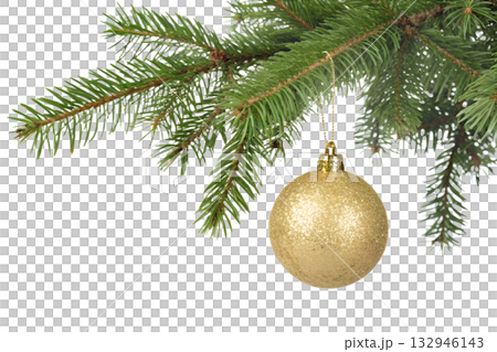 Golden christmas bauble ornament hanging from green pine branch, showcasing classic holiday decor with focus on shiny, reflective textures and festive simplicity 132946143