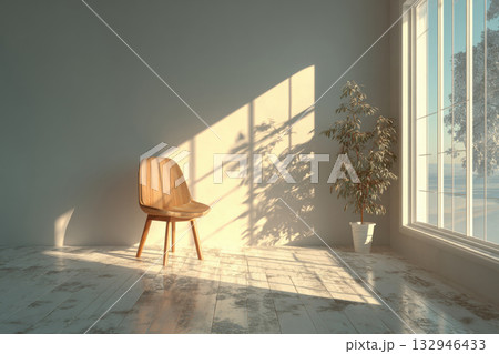 A modern living space with a wooden chair and decorative plant by a large window on a sunny day. 132946433
