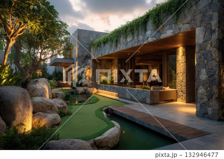 A tranquil tropical villa with a mini golf course, surrounded by lush palm trees and vibrant greenery. A tranquil tropical villa with a mini golf course, surrounded by lush palm trees and vibrant greenery. 132946477