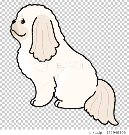 横を向いてお座りするシンプルで可愛い白いペキニーズのイラスト　主線あり 132946506