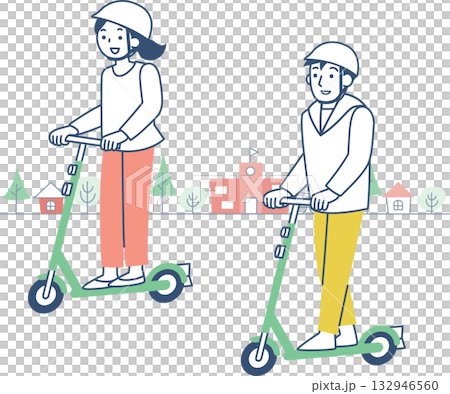 Men and women riding electric kick scooters Men and women riding electric kick scooters 132946560