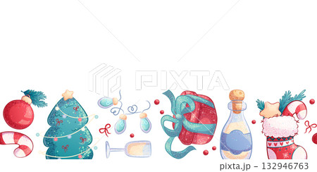 Seamless border with festive elements. The concept of Christmas and New Year. Gift box, Christmas tree, candy cane, garland, champagne. Vector illustration for postcards, posters, banners, websites Seamless border with festive elements. The concept of Christmas and New Year. Gift box, Christmas tree, candy cane, garland, champagne. Vector illustration for postcards, posters, banners, websites 132946763