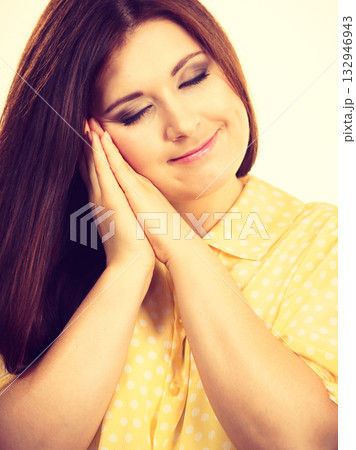 Sleepy calm woman gesturing Sleepy calm woman gesturing 132946943