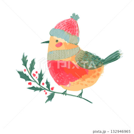 Christmas bird in knitted hat, holidays greeting card watercolor painted illustration 132946965