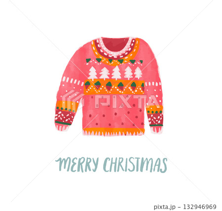 Knitted ugly sweater Christmas party, red watercolor painted jumper isolated Knitted ugly sweater Christmas party, red watercolor painted jumper isolated 132946969