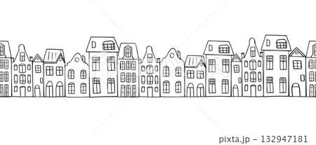 Old street with houses in Amsterdam style seamless banner painted by black inks. Vector monochrome European various buildings horizontal pattern. Illustration for Xmas textile, travel blogs Old street with houses in Amsterdam style seamless banner painted by black inks. Vector monochrome European various buildings horizontal pattern. Illustration for Xmas textile, travel blogs 132947181