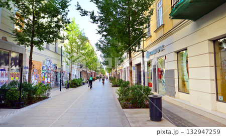 Warsaw, Poland. 21 September 2025. Chmielna in downton lined with granite slabs and planted with plants and shrubs street. City promenade during summer day. City architecture with shops and greenery. 132947259