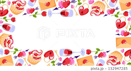 Romantic Valentine day border with heart, rose, wine glasses, cupcake, letter and lock in flat style. Design for romantic card and invitation. 132947285